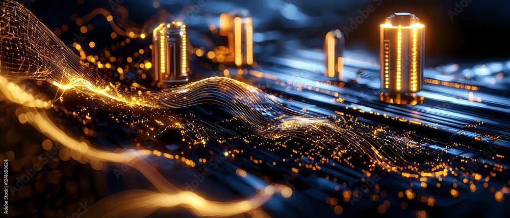 Aufkleber glowing electronic components on circuit board with golden light trails and bokeh effects create fut