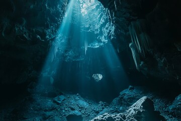 Exploring dark underground caverns with stalagmites and stalactites.