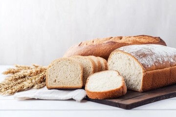 Sliced multi-grain bread on a wooden board with bunches of wheat in a minimal setting, showcasing fresh baked goods