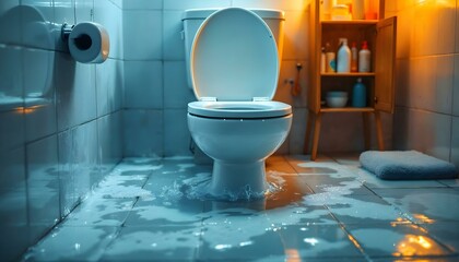A distressed bathroom with an overflowing toilet, water spilling onto the floor, and an urgent plumbing issue.