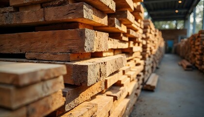  A sustainable timber yard with neatly stacked lumber, sunlight filtering through, and eco-friendly focus.