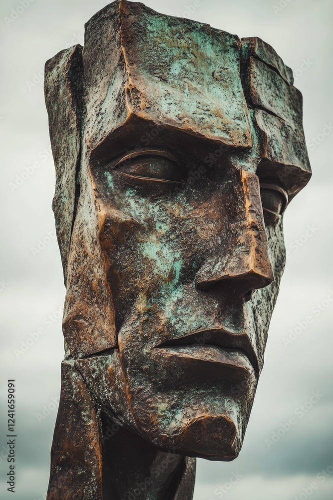 Poster close-up shot of a statue depicting a man's face, suitable for use in artistic or historical context