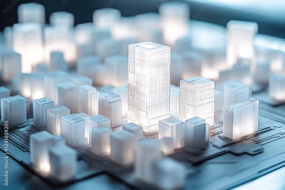 Aufkleber a miniature city model placed on a computer keyboard, ideal for use in illustrations about technolog