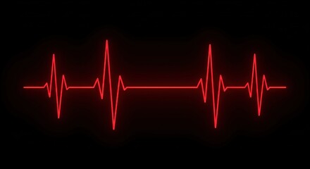 A vibrant red EKG heartbeat line is displayed against a stark black background. The graphic depicts a strong and regular pulse rhythm.
