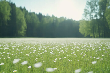 A field of white flowers with a bright blue sky in the background