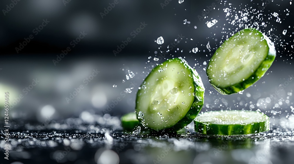 Poster fresh cucumber slices with water splashes and droplets on dark background, macro shot with selective