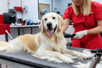 A golden retriever lies on a grooming table while a groomer gently brushes its fur, creating a relaxed atmosphere