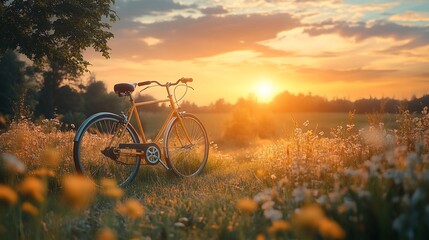Fototapeta premium Sunset bicycle field summer nature landscape