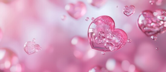 Soft pink gradient background with floating glossy 3D hearts, elegant lighting, and a subtle glow, perfect for Saint Valentines Day and 8 March International Womens Day