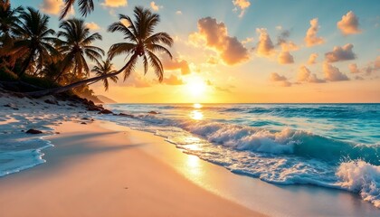 Obraz premium A tropical beach at sunset with golden ocean waves, palm silhouettes, and serene atmosphere.