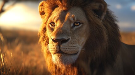 Naklejka premium Majestic Lion at Sunrise in African Savanna