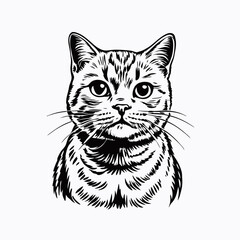 Vintage-style British Short cat portrait in line art. Alert expression with direct gaze at camera. Detailed whiskers and marking patterns. Concept of: classic art, pet portraiture, vintage design.