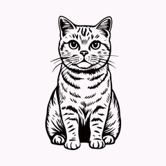 Fototapeta premium Seated British Shorthair cat in vintage woodcut style. Direct gaze at viewer with composed posture. Clean white background. Concept of: pet art, vintage illustration, animal portraits.