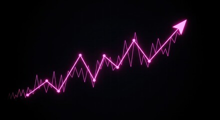 A pink neon line graph on black background shows an upward trend with minor fluctuations, indicating growth and market success. The arrow points towards increased profits.