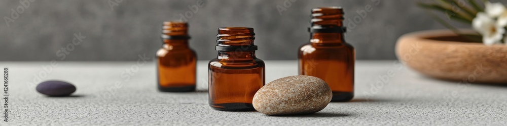 Poster Three bottles of essential oils and a stone on a table for aromatherapy or wellness use