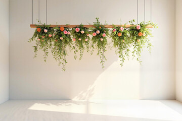 Minimalist Hanging Floral Arrangement with Peach and Pink Roses in Modern Interior