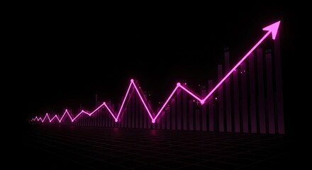 A vibrant pink line graph on a dark background showcases upward financial growth. Data points and bars highlight increasing values, symbolizing positive market trends and investment success.