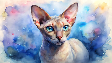 Sphynx cat with bright blue eyes gazing right in ethereal watercolor portrait. Delicate beige features against dreamy purple-blue background. Concept of: pet portraiture, fine art, veterinary care.