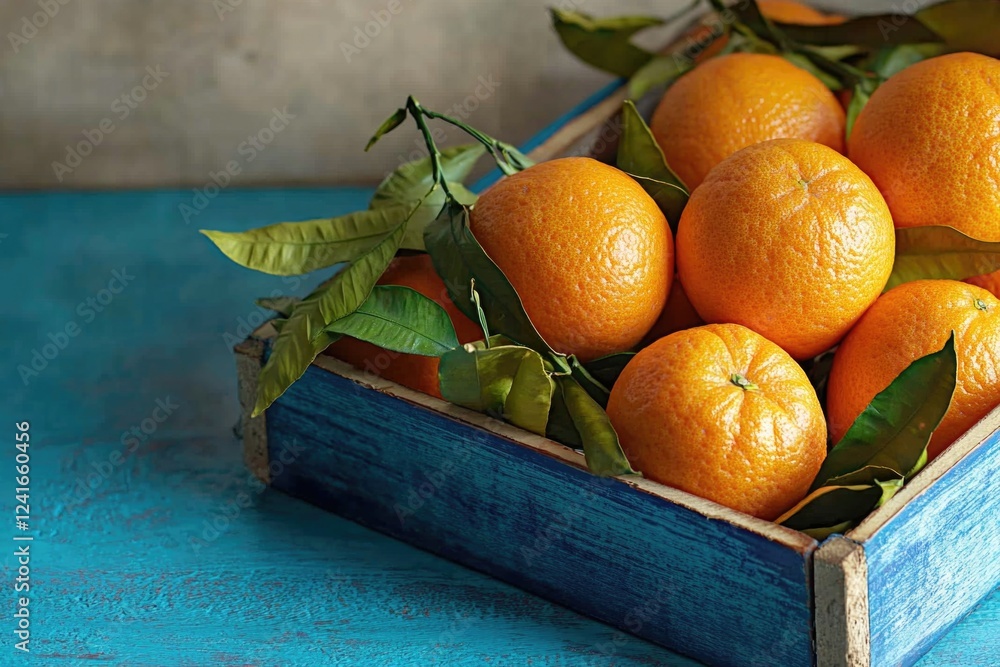 Poster a wooden box containing oranges placed on a blue table