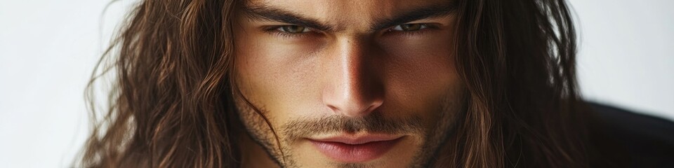 A close-up shot of a man's face with long hair, suitable for use in a variety of contexts including music, art, and editorial content