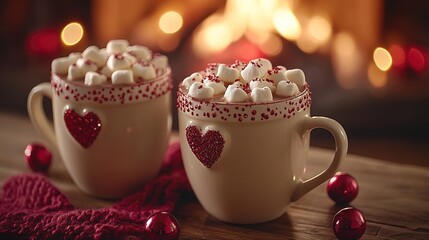 Fototapeta premium Valentine`s day hot chocolate or coffee latte mug with chocolate drizzle, heart shaped marshmallow and macaron cookie. Sweet treats drink recipe idea, sweet dessert beverage for your Valentine