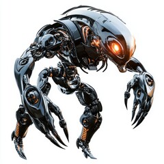 futuristic cyber monster with sleek metallic plating, glowing neon eyes, and robotic limbs, isolated on white