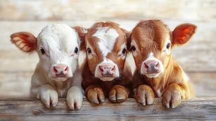 Fototapeta premium Three calves, barn backdrop, cute farm animals, rustic setting, stock photo