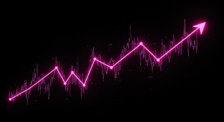 A vibrant pink line graph on a black background showcases a strong upward trend in stock market performance, highlighted by glowing nodes and an arrow.