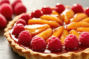 A delicious tart topped with fresh peaches and raspberries