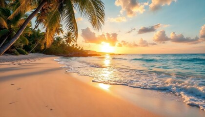 A tropical beach at sunset with golden ocean waves, palm silhouettes, and serene atmosphere.