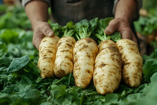 Fresh harvested white parsnips held by African American farmer hands against green leafy background, showcasing organic farm produce and sustainable agriculture. - Powered by Adobe