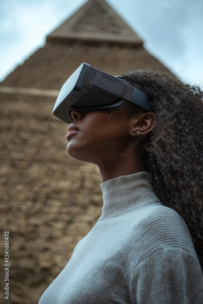 Poster a person wearing a vr headset stands in front of an ancient egyptian pyramid, highlighting the inter