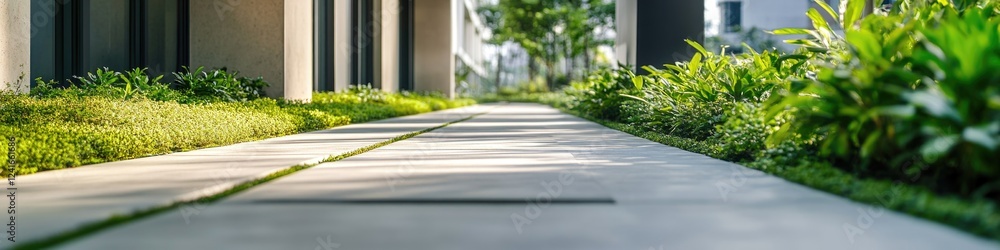 Aufkleber a sidewalk in front of a tall building with urban architecture