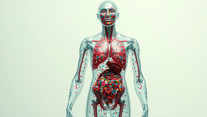 Anatomie des Menschen im Kontext zu Mikroplastik. Transparente Haut, um innere Organe sichtbar zu machen.