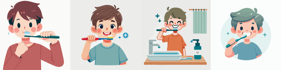 vector of a child brushing his teeth