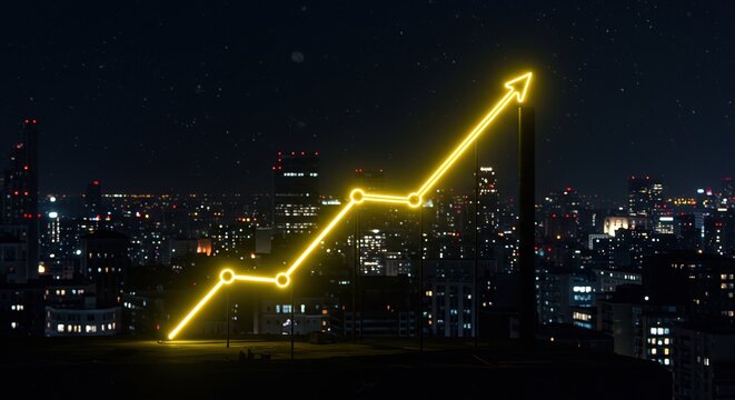A glowing yellow upward arrow graph, symbolizing growth, is prominently displayed against a nighttime city backdrop. The image suggests economic progress or business success.