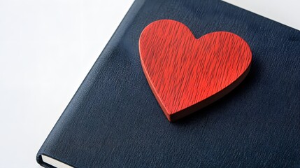 A simple red heart-shaped wooden bookmark is placed on the edge of an open navy blue notebook
