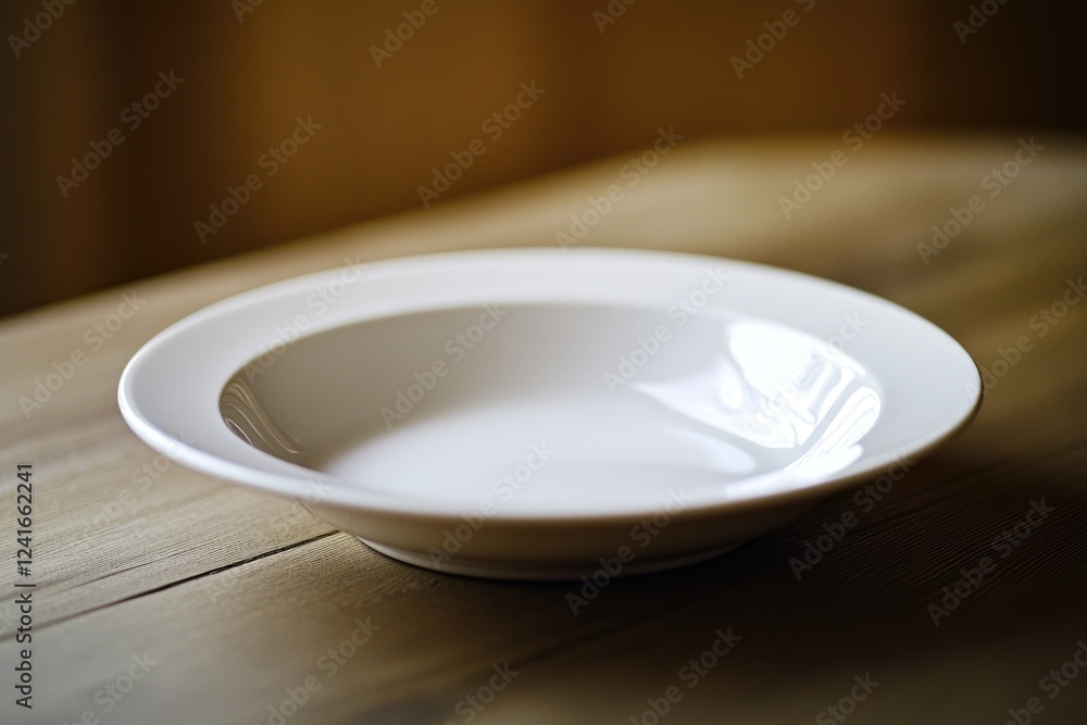 Poster a simple still life image featuring a white bowl resting on a wooden table