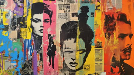 Abstract mixed media artwork featuring vibrant colors and layered textures, showcasing a collage of faces and figures with bold strokes and a sense of dynamism