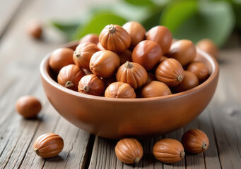 wooden bowl holds hazelnuts part healthy eating concept emphasizing superfoods nutritious