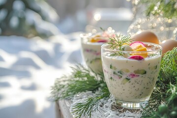 Okroshka. Summer light cold yogurt soup with cucumber, radish, eggs and dill on a wooden table.