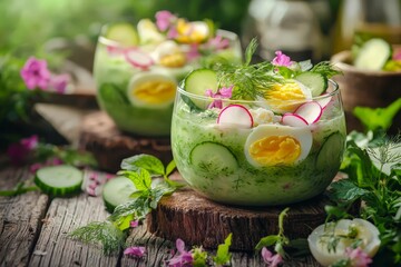 Okroshka. Summer light cold yogurt soup with cucumber, radish, eggs and dill on a wooden table.