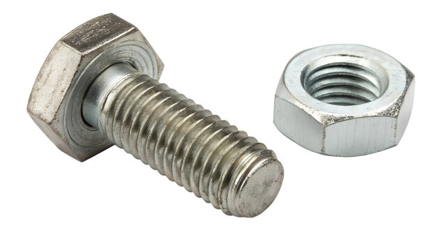 Nut and Bolt Isolated on White Background with Clipping Path – Mechanical Parts, Engineering, 3D Rendering (Transparent PNG)