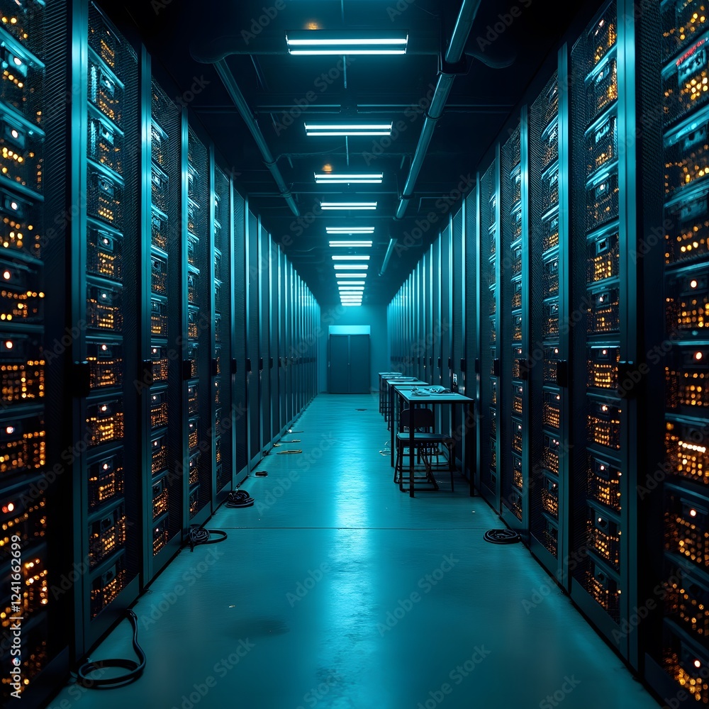Poster high-tech server room with led lights – ai, big data processing, and cloud storage infrastructure