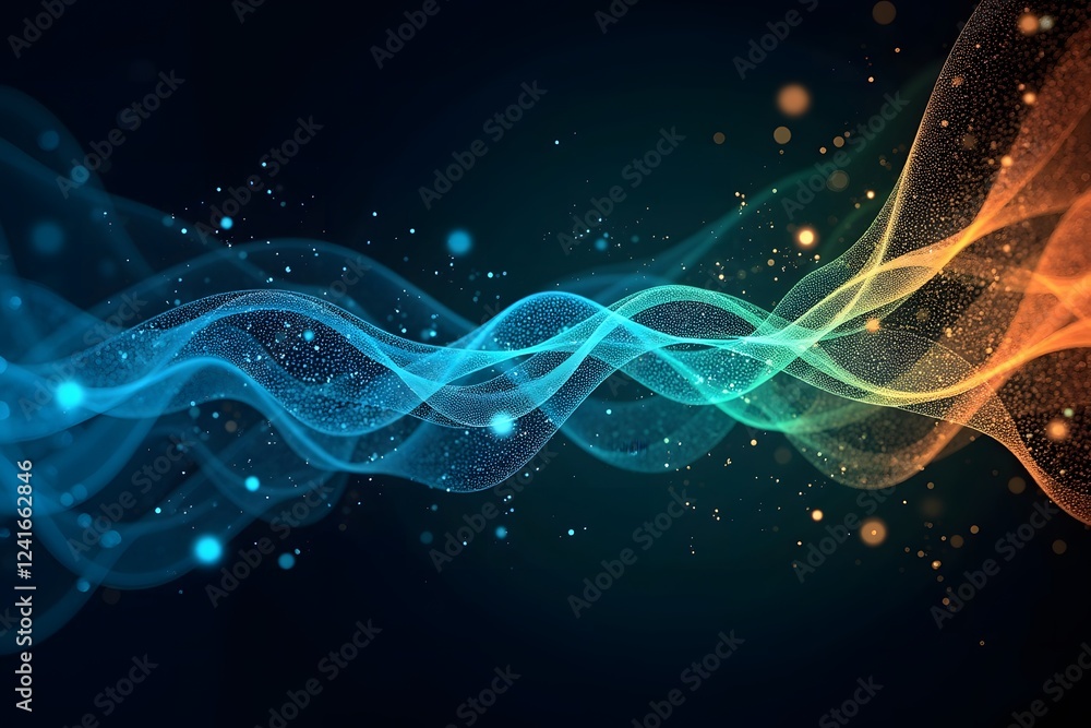 Poster horizontal abstract background illustration with wavy gradient lines, luminous particle effects, mod