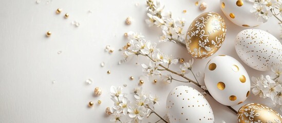 Ultra-modern mockup background with space for text for Easter, decorated with minimalistic white and gold eggs, delicate spring flowers, and elegant soft lighting