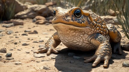 Fototapeta premium Close-up of a toad resting on arid ground