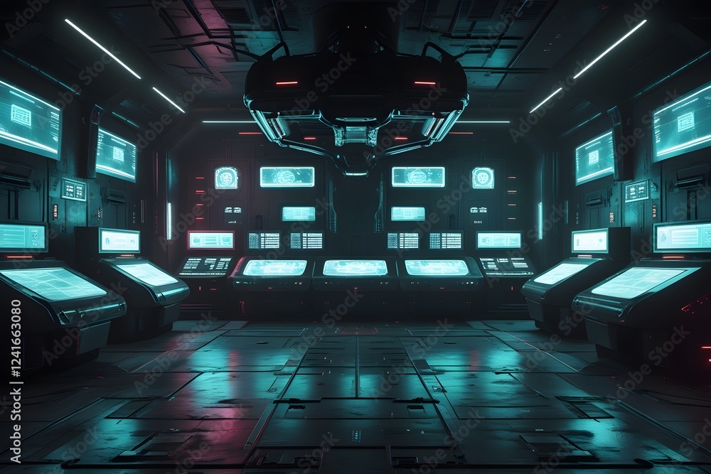 Poster advanced sci-fi command center with multiple screens – cybersecurity, ai, and space exploration conc