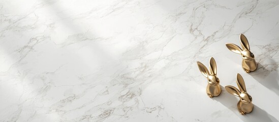 Ultra-modern mockup background featuring golden bunny silhouettes on a sleek white marble surface, luxurious soft shadows, and elegant typography space
