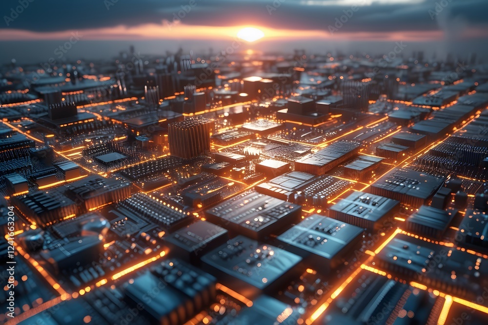 Poster electronic circuit board with glowing tracks at sunset – future of computing and automation illustra